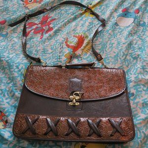 VTG 70s Dina Jordan Cowhide Tooled Leather Shoulder Bag Purse Floral Brown